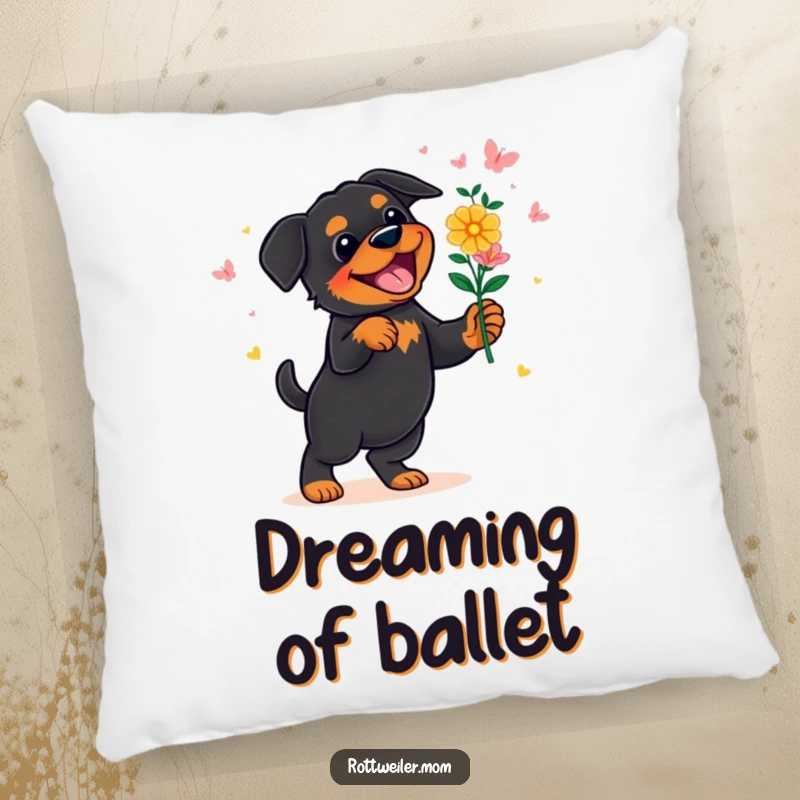 Funny Rottweiler Pillow: A cuddly pillow showcasing a rottweiler gleefully dancing with a bouquet of flowers, adding charm to any sofa.