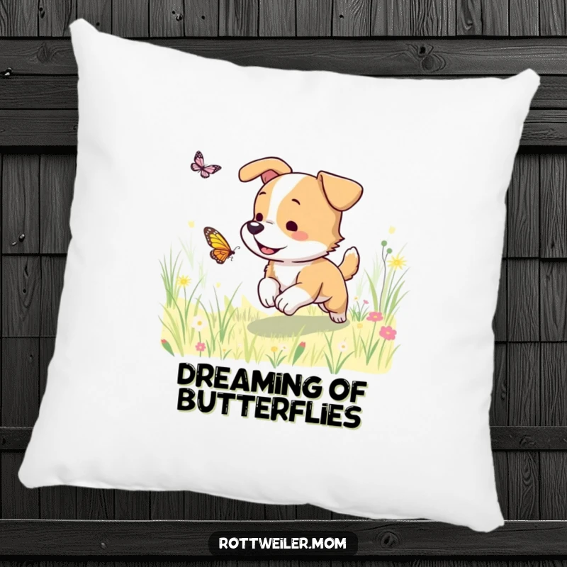 Funny dog pillow featuring a happy dog chasing a butterfly in a sunny meadow, offering comfort and a whimsical touch to any room.