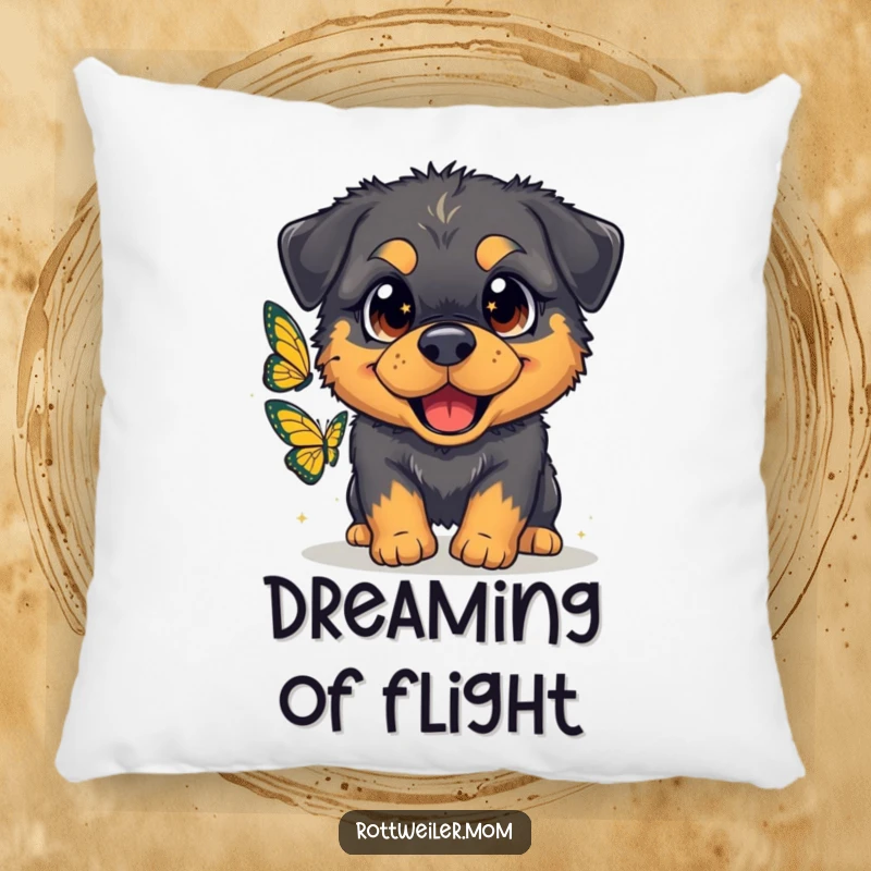 Funny pillow with a soft texture, showcasing a fluffy Rottweiler with oversized, sparkling eyes gleefully chasing a butterfly.