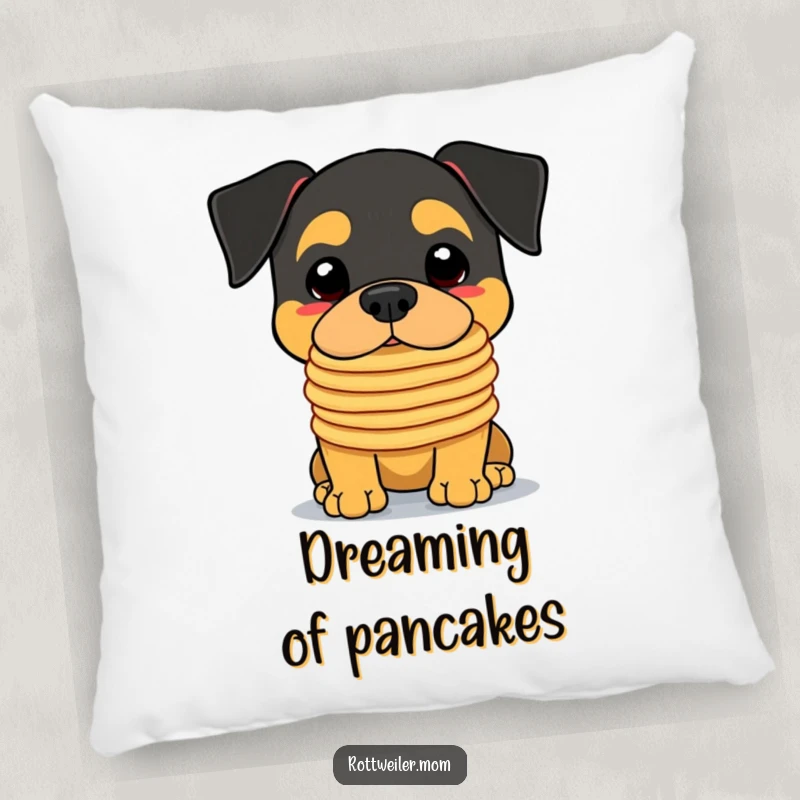 Funny Kawaii Rottweiler Pillow with a cute dog balancing an impressive stack of pancakes on its nose, creating a humorous scene.