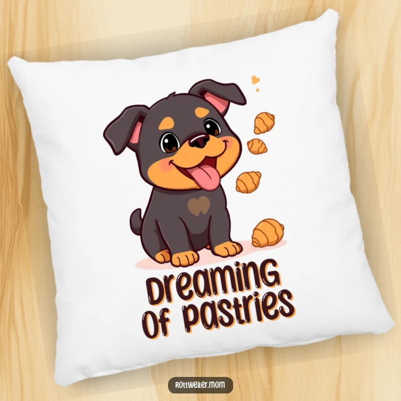 Funny Kawaii Rottweiler juggling delicate croissants on a plush pillow, bringing whimsical comfort and humor home.