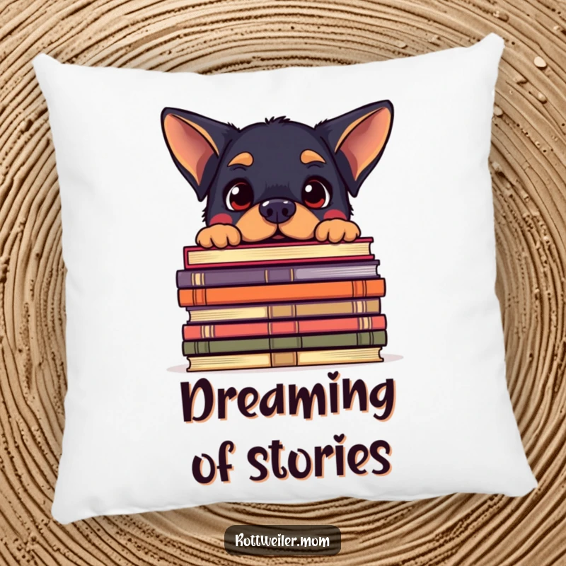 Funny pillow featuring a kawaii Rottweiler peeking over a giant stack of books with an amused look, perfect for readers.
