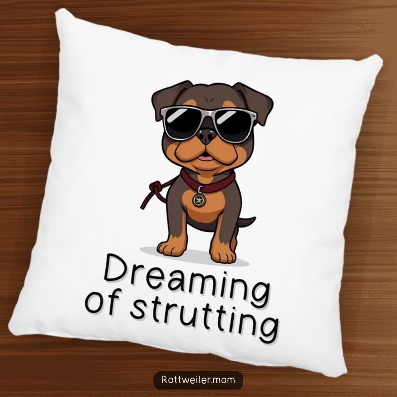 Funny Rottweiler pillow showing a dog wearing oversized sunglasses and confidently strutting, adding cool decor.