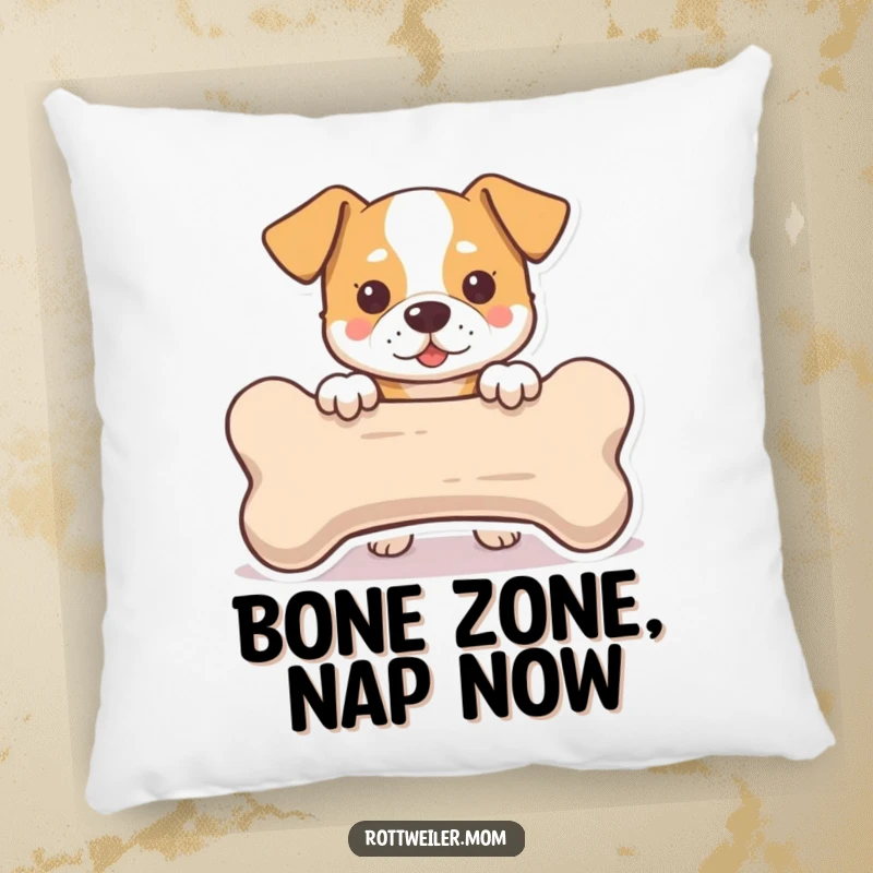 Funny Pillow: A cozy cushion showcasing a dog peeking from behind a huge bone, offering comfort and a dash of lighthearted fun.