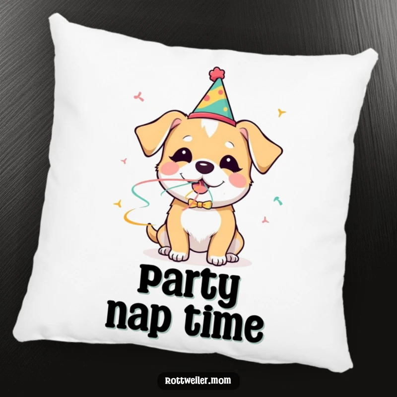 Funny dog pillow featuring a dog in a party hat blowing a streamer with glee, providing cozy and festive decor.