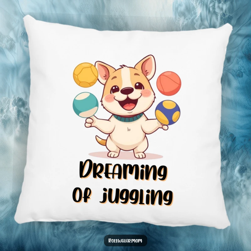 Funny pillow featuring a happy dog juggling three colorful balls, adding a playful and humorous touch to decor.