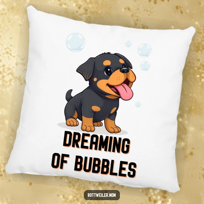 Funny Kawaii Rottweiler with its tongue out, playfully trying to catch bubbles on a soft, humorous pillow.