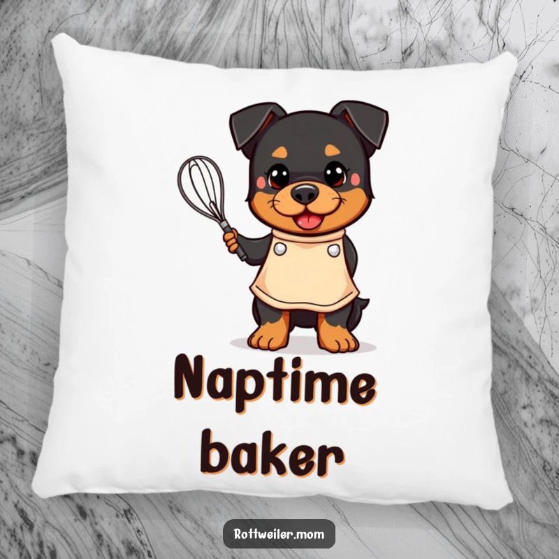 Funny pillow featuring a kawaii Rottweiler in an apron, happily holding a whisk, perfect for adding kitchen charm.
