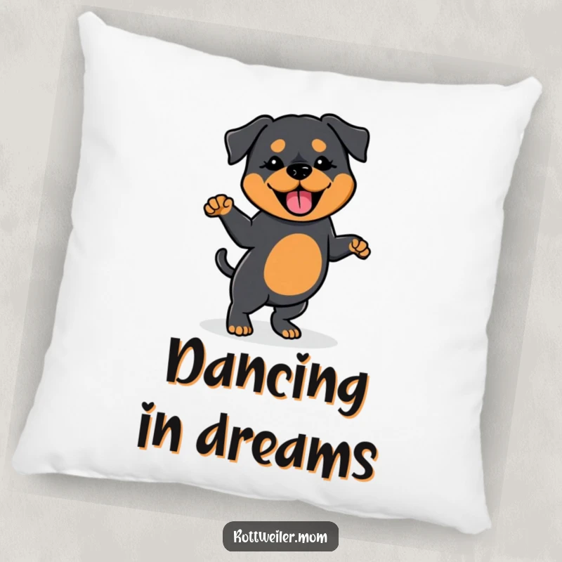 Funny pillow featuring a Kawaii Rottweiler doing a silly dance with a wagging tail, offering cozy comfort and humorous doggy joy.