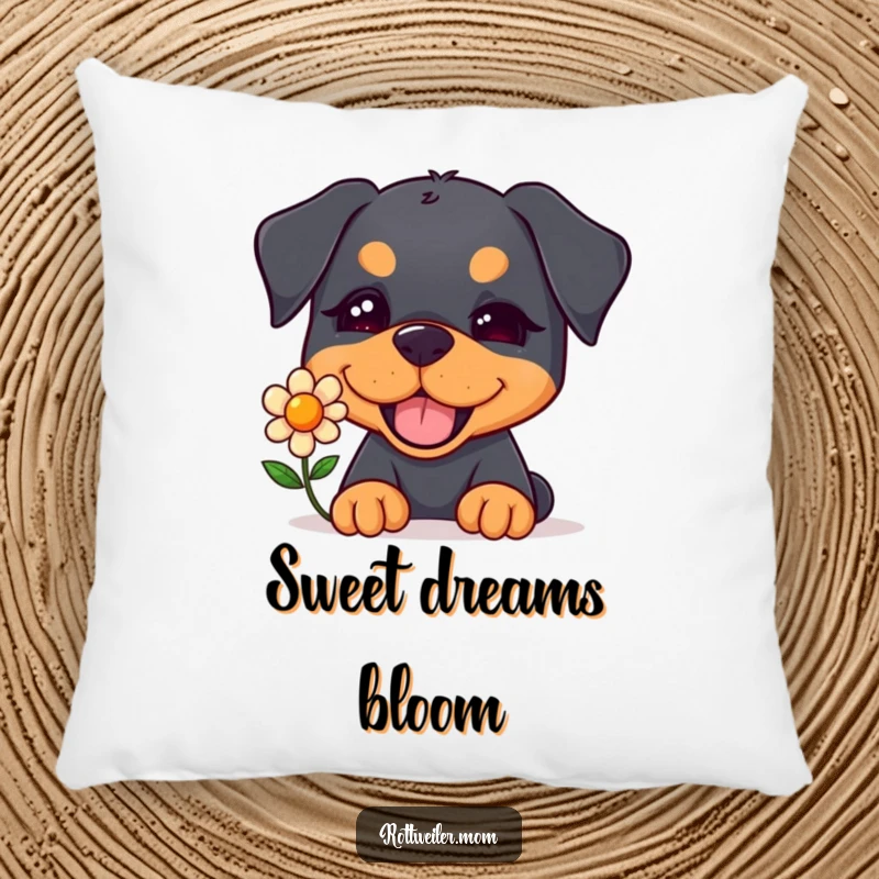 Funny Kawaii Rottweiler Pillow with a cute dog winking and offering a single flower, providing comfort and lighthearted humor.