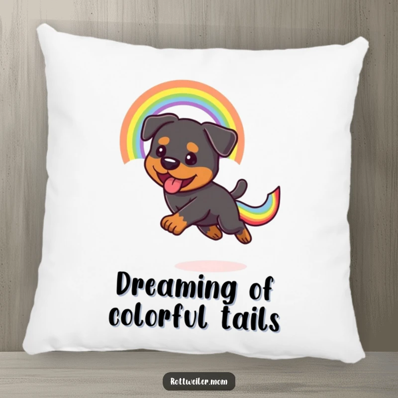 Funny Kawaii Rottweiler excitedly chasing a dazzling rainbow tail on a plush pillow, bringing comfort and humor.