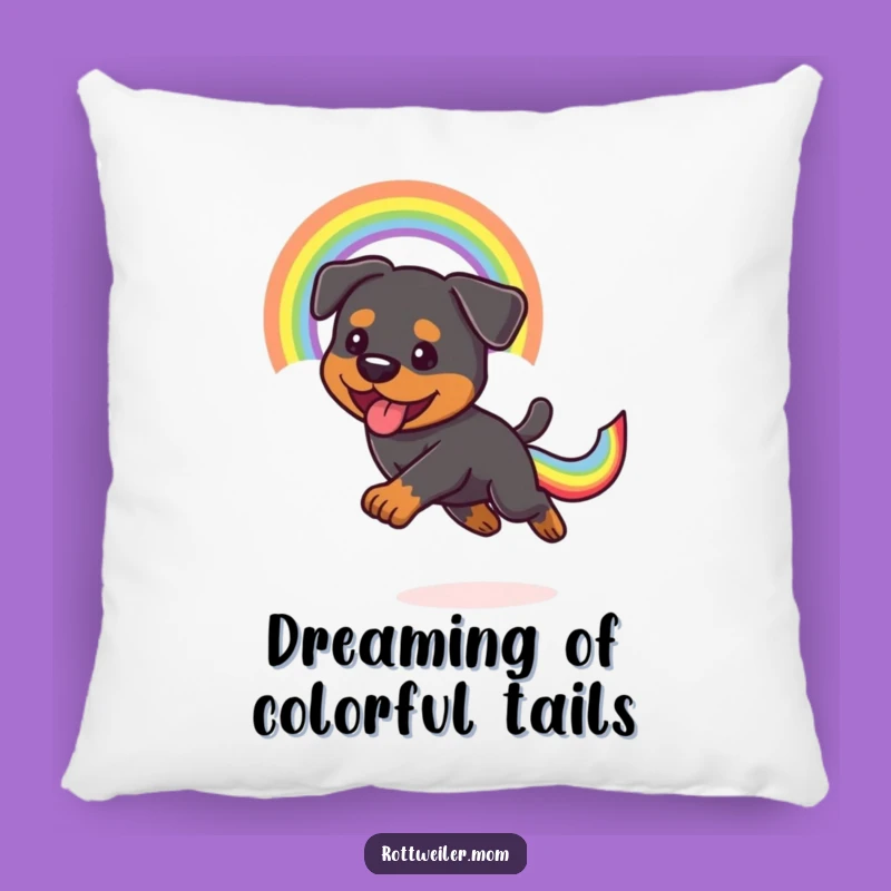 Funny Kawaii Rottweiler Pillow: Rainbow Tail Chase, Cozy & Cheerful Gift