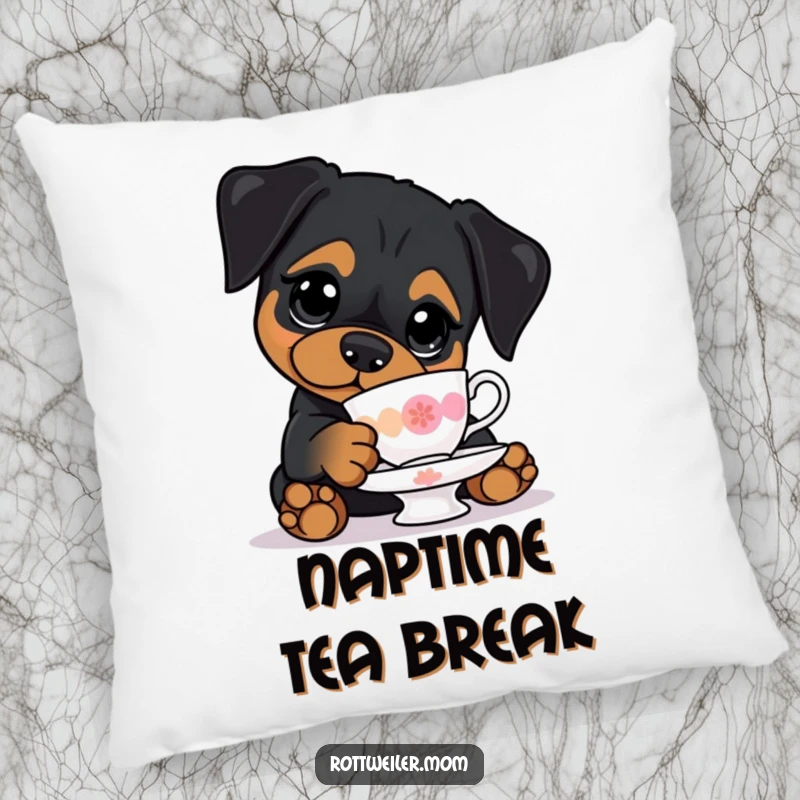 Funny pillow featuring a kawaii Rottweiler with big eyes, precariously balancing a teacup, perfect for adding cute decor.