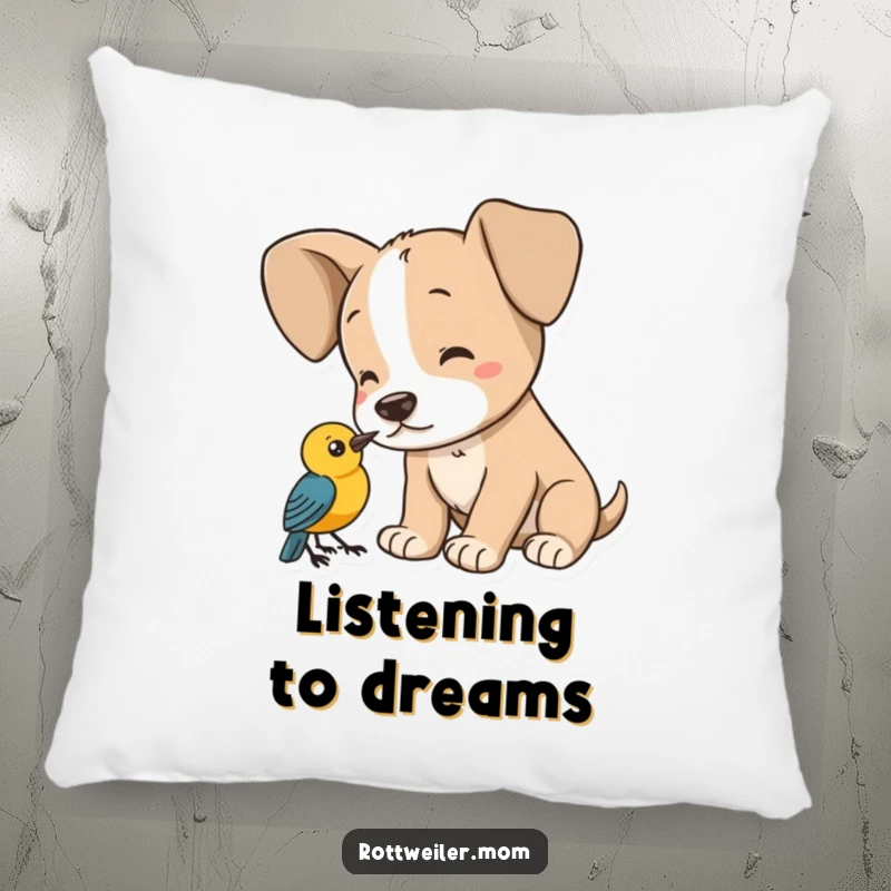 Funny puppy pillow, a young dog with large ears listening to a bird, offering comfort and cute humor.