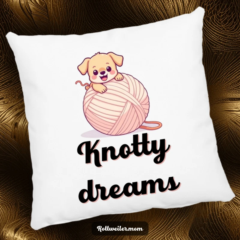 Funny puppy pillow with a tiny dog happily tripping over a giant ball of yarn, embodying sweet, innocent clumsiness.