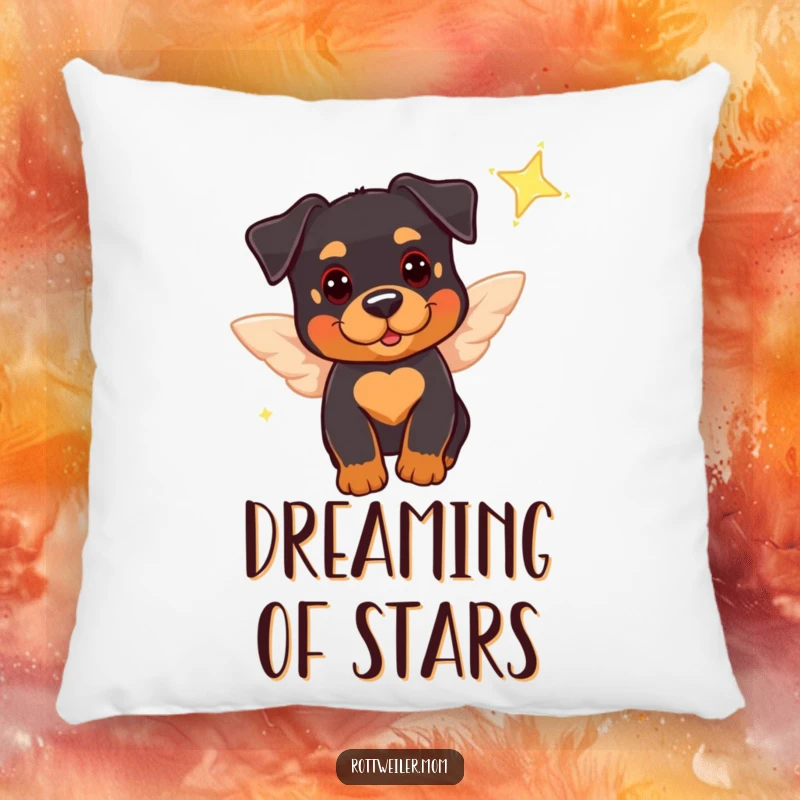 Funny pillow featuring a cute Rottweiler with tiny wings, playfully near a sparkling star, providing cozy comfort and humorous doggy charm.