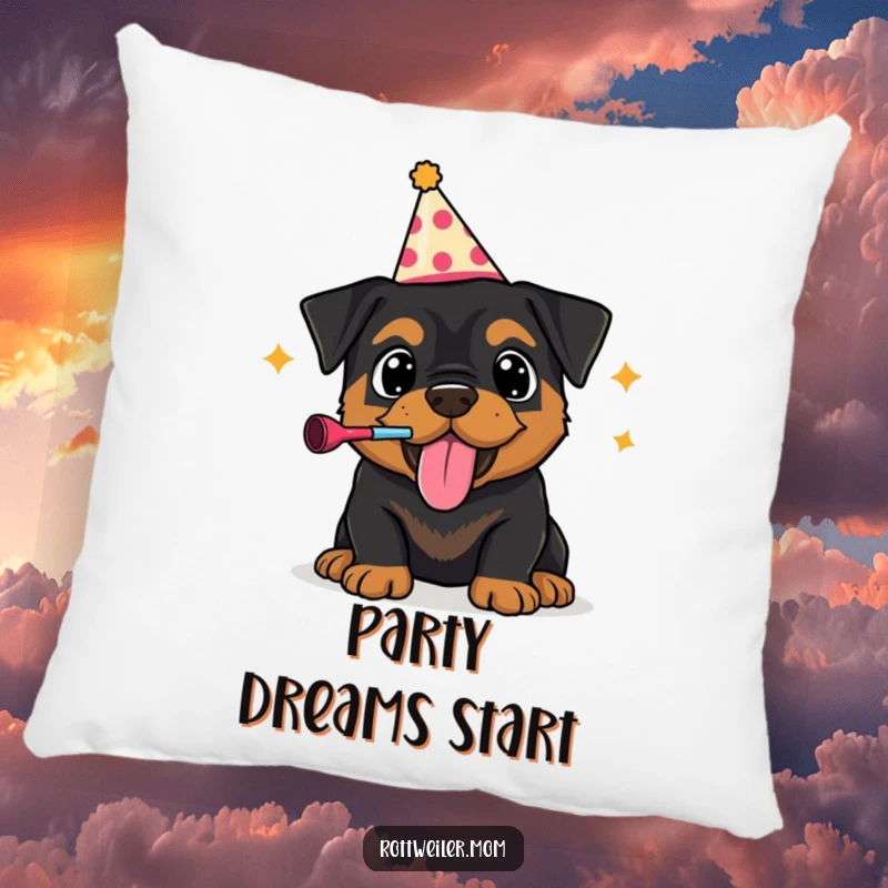 Funny pillow featuring a Rottweiler puppy in a party hat, exuberantly blowing a noisemaker, offering cozy comfort and festive humor.