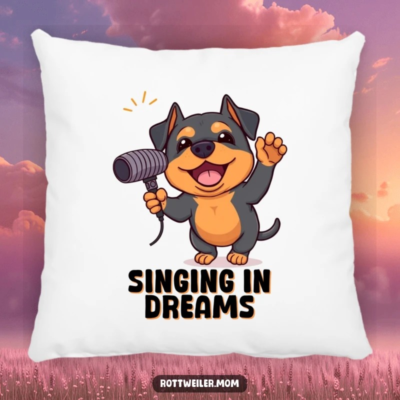 Funny Rottweiler pillow featuring an excited dog holding a giant microphone, ready to sing, a plush and funny addition to any room.