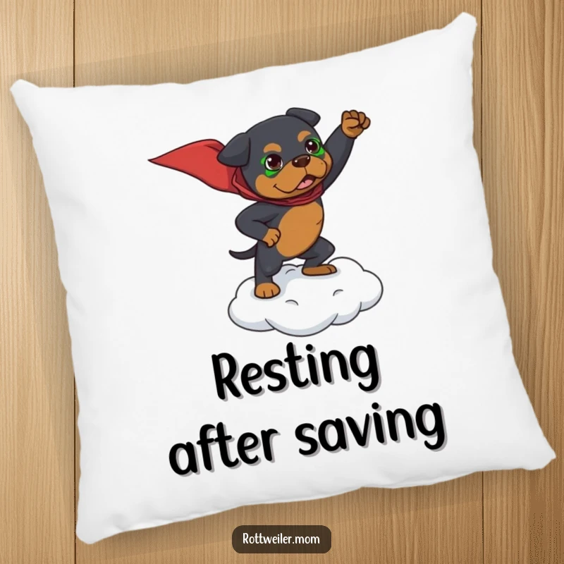 Funny pillow with a Rottweiler dramatically posing as a superhero on a small cloud, providing comfort and heroism.