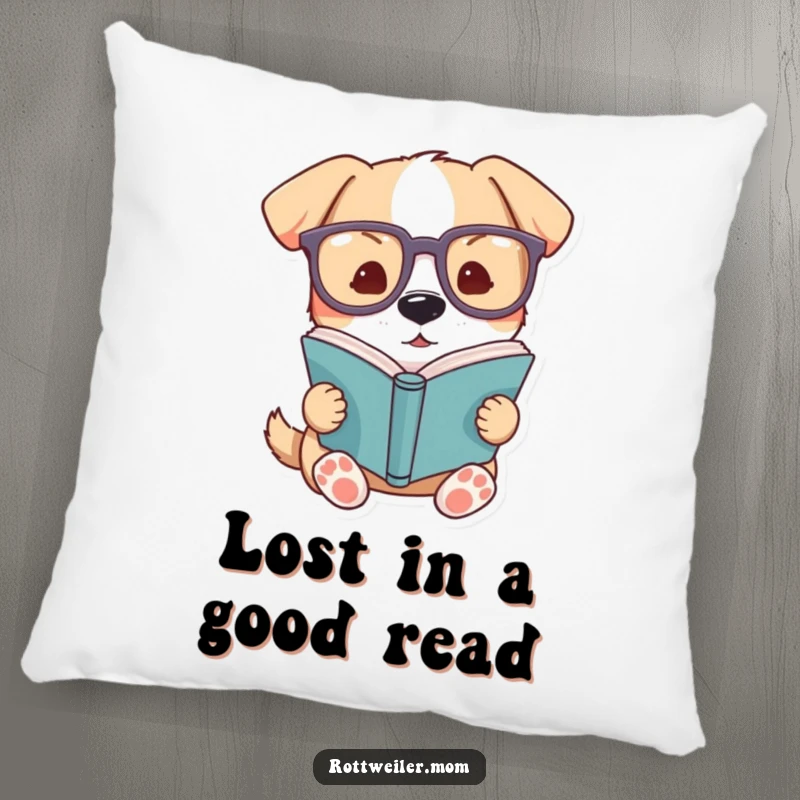 Funny dog pillow, a cute dog wearing big glasses reading a book, adding comfort and humor to any space.