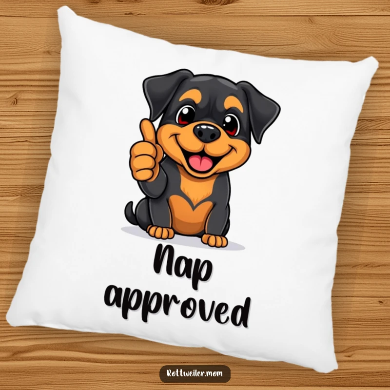 Funny Rottweiler pillow featuring an enthusiastic pup giving a thumbs-up with a big smile, a plush and funny addition for comfort.
