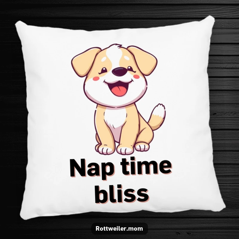 Funny dog pillow, a happy dog with a fast-wagging tail and panting, offering comfort and cheerful humor.