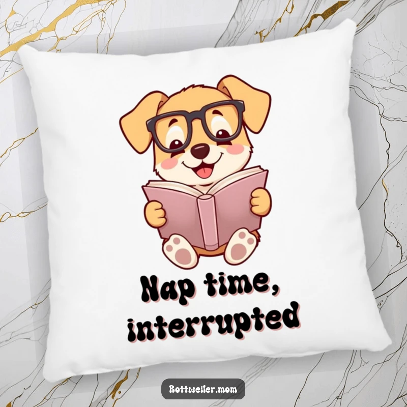 Funny pillow featuring a dog wearing reading glasses, smiling contentedly while reading a book, perfect for cozy literary spaces.