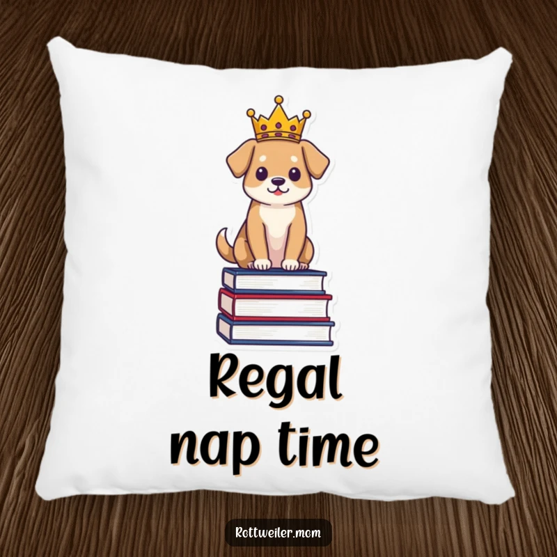 Funny Regal Dog Pillow: Dog wearing a crown sits on books, offering soft comfort and royal humor.