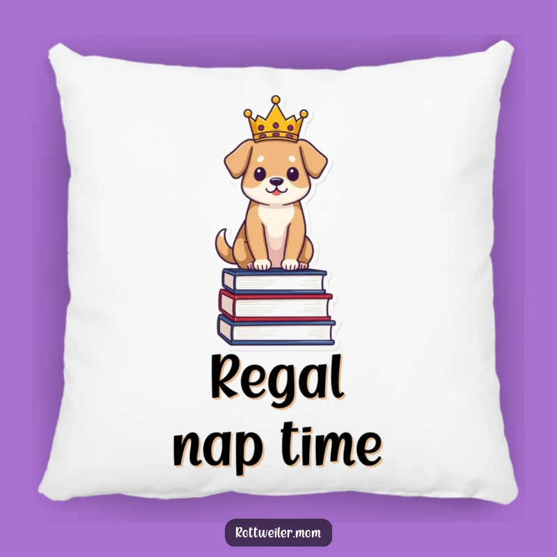 Funny Regal Dog Pillow: Cozy Crowned Pup on Books - Soft Comfort & Royal Humor
