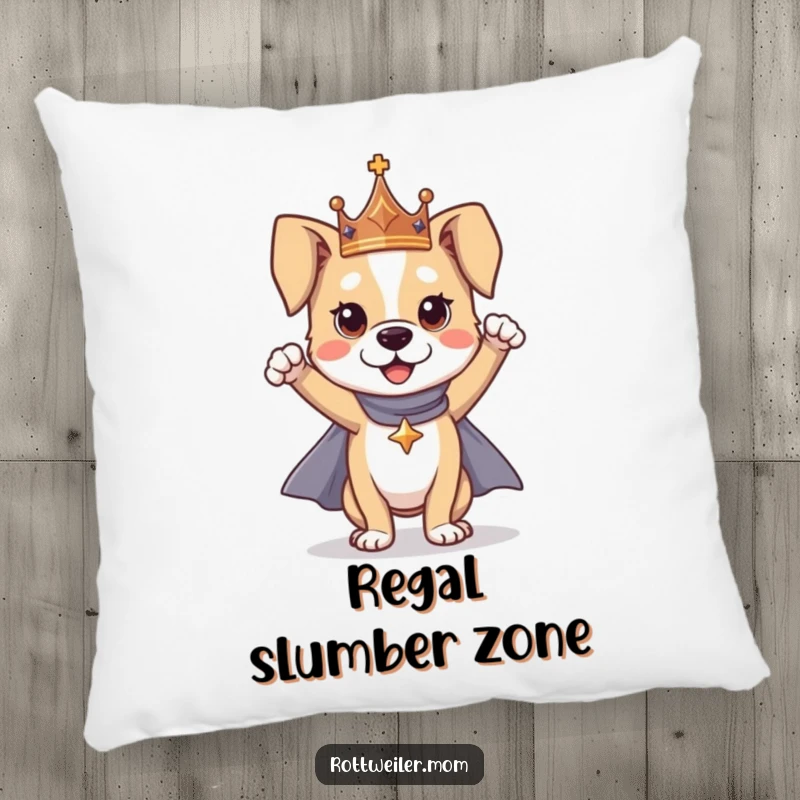 Funny dog pillow featuring a dog in a crown and cape in a heroic pose, providing comfortable and humorous decor.
