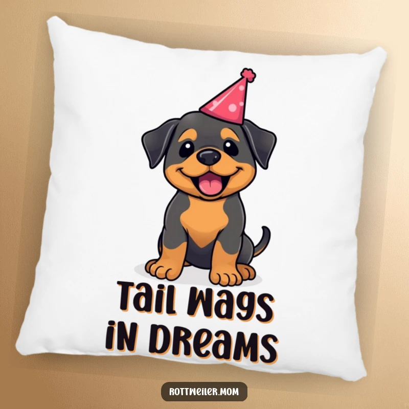Funny kawaii Rottweiler pillow, a soft cushion with a happy dog wagging its tail in a party hat. Cozy and celebratory.