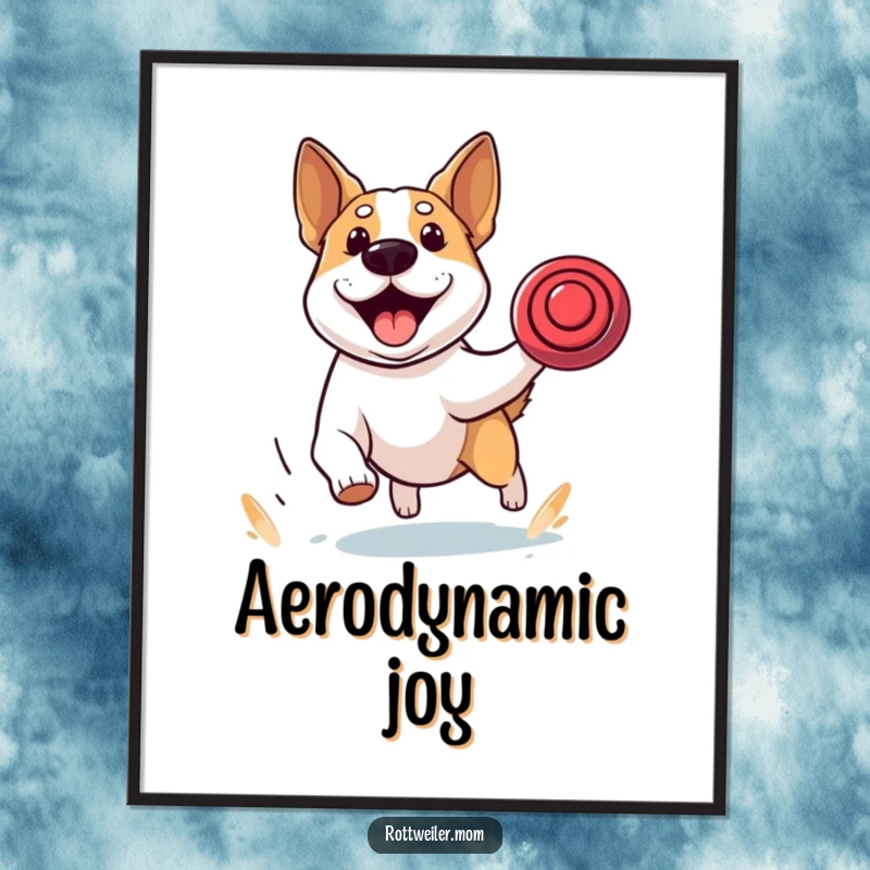 Funny digital art print of a stocky dog with alert ears, captured mid-chase, pursuing a frisbee with exhilarating speed and focus.