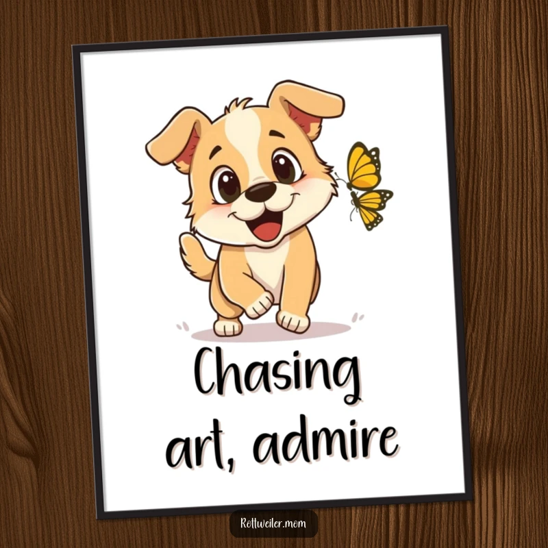 Funny Digital Art Print: A joyful dog with excited eyes playfully chasing a butterfly, bringing energy and happiness to any room.