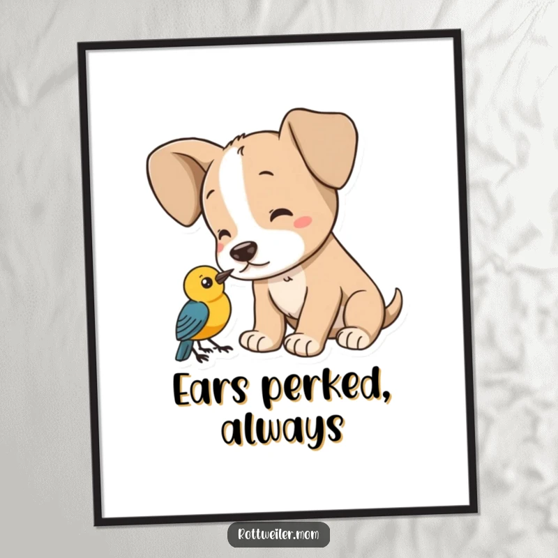Funny puppy digital art print, a dog with large ears listening intently to a bird, ideal for instant wall decor.