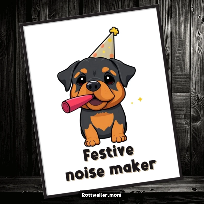 Funny Rottweiler Digital Art: A downloadable print of a rottweiler wearing a party hat and blowing a noisemaker, ready for fun.