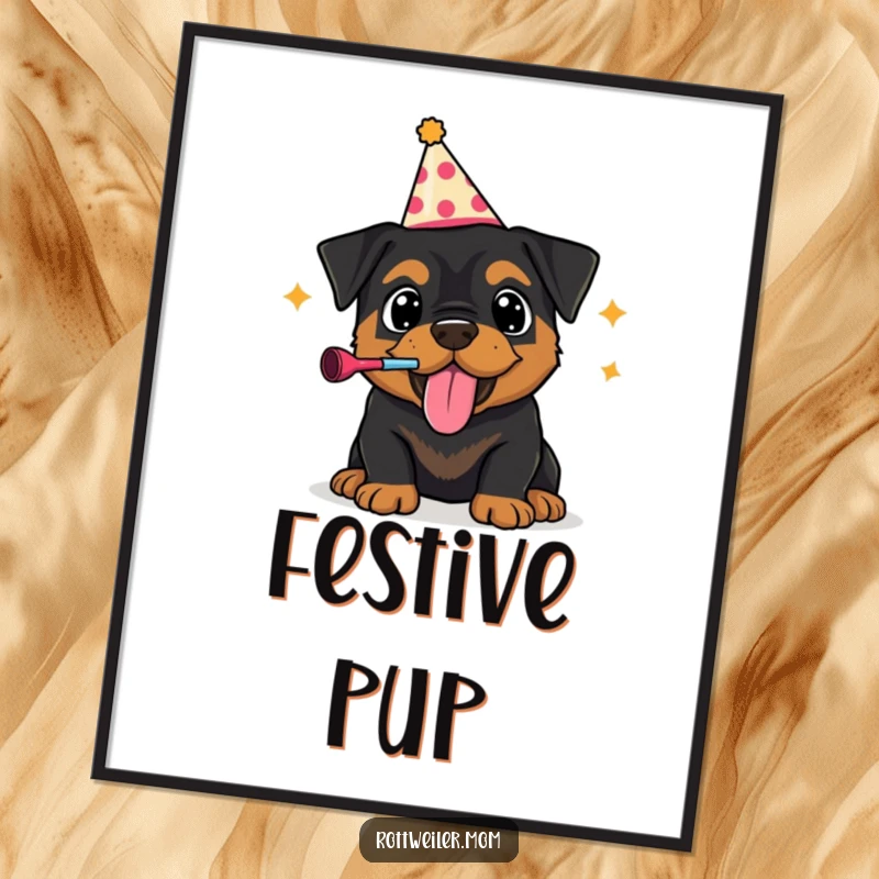 Funny digital art print of a Rottweiler puppy in a party hat, exuberantly blowing a noisemaker, offering instant festive and humorous decor.