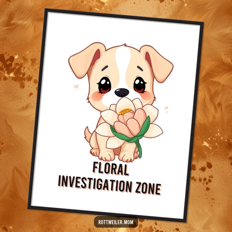 Funny dog flower digital art print of a dog with curious eyes sniffing a giant flower, ready for instant download and display.