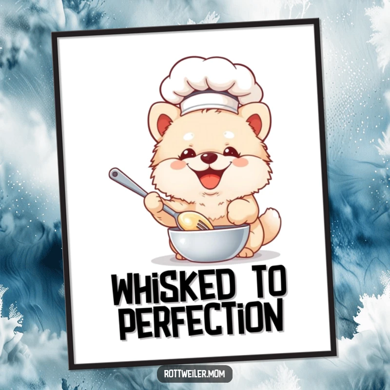 Funny Chef Dog Digital Art Print: Fluffy dog in a chef hat joyfully whisks batter, a whimsical and humorous download.