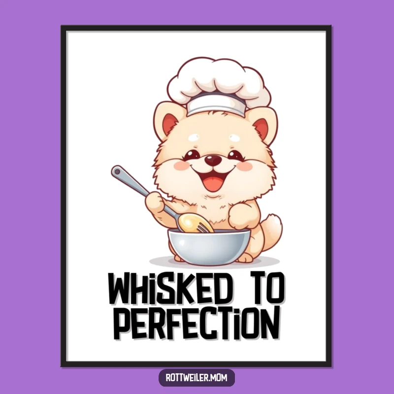 Funny Chef Dog Digital Art Print: Fluffy Pup Whisking Batter - Instant Whimsical Decor