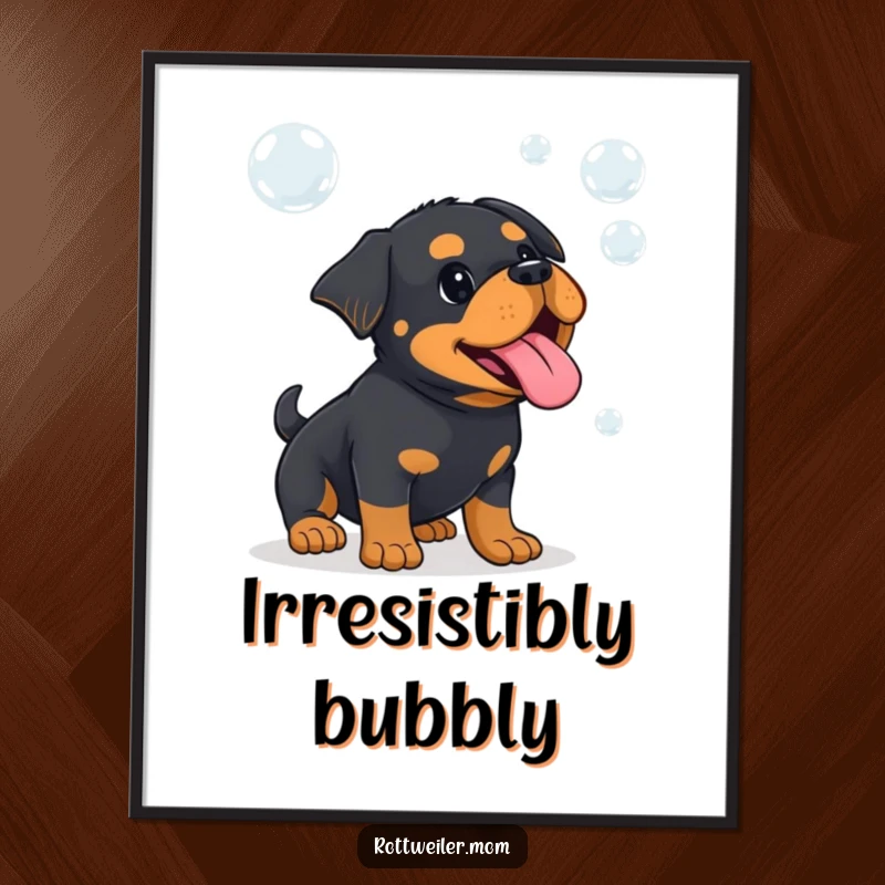 Funny Kawaii Rottweiler, tongue out, playfully chasing bubbles, creating humorous and joyful wall art.