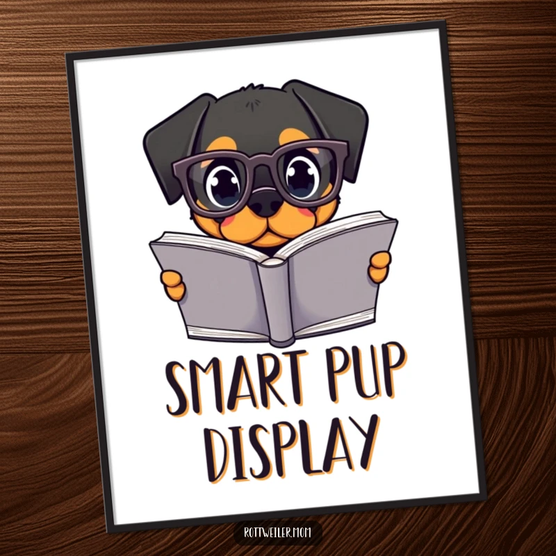 Funny Kawaii Rottweiler Digital Art Print: a cute dog wearing glasses reads a large book, perfect for funny wall art.