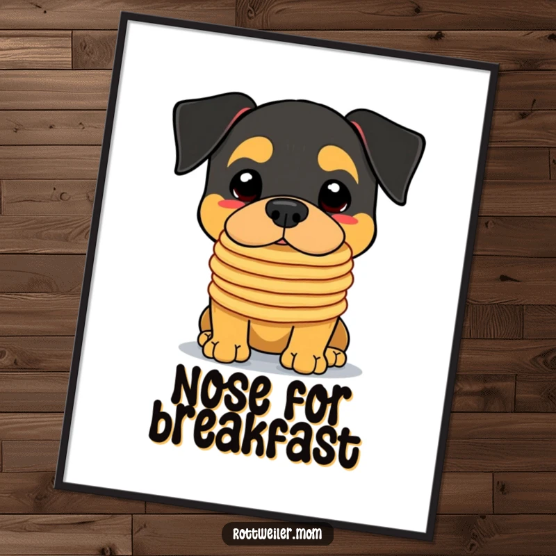 Funny Kawaii Rottweiler Digital Art Print of a cute dog balancing pancakes on its nose, ready to be printed and framed.