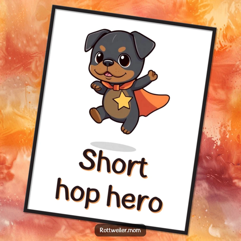 Funny Kawaii Rottweiler Digital Art Print of a cute dog in a superhero cape flying a short distance, ready for instant download.