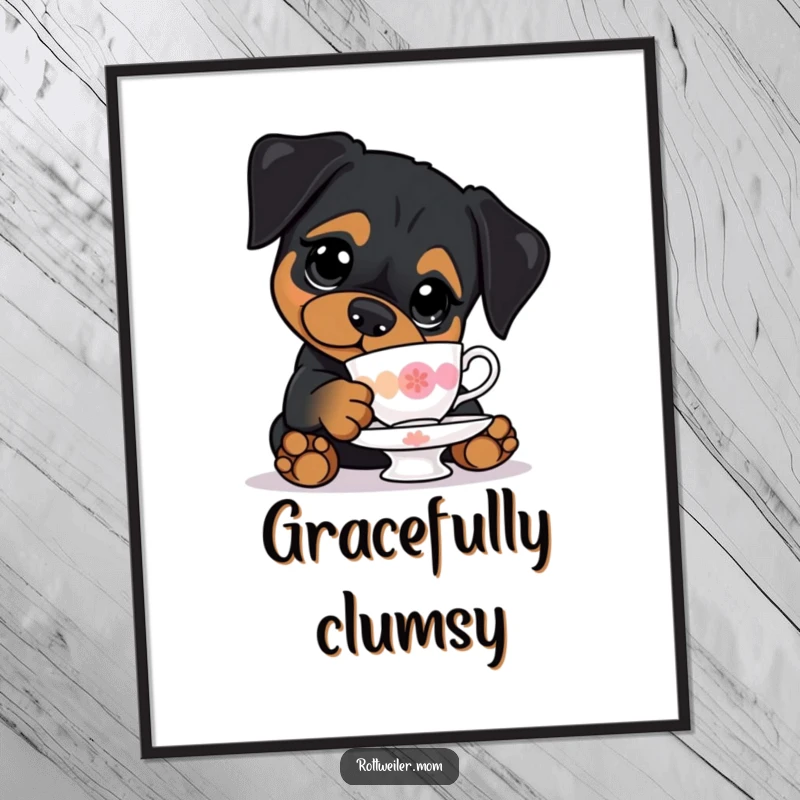 Funny digital art print of a kawaii Rottweiler with big eyes, precariously balancing a teacup, capturing adorable canine effort.