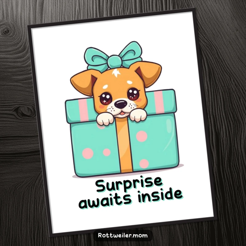 Funny peek-a-boo dog digital art print, a dog with sparkling eyes peeking from behind a colorful gift, full of charm.