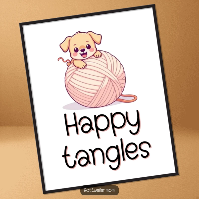 Funny puppy digital art print of a tiny dog happily tripping over a massive ball of yarn, captured in a moment of adorable chaos.
