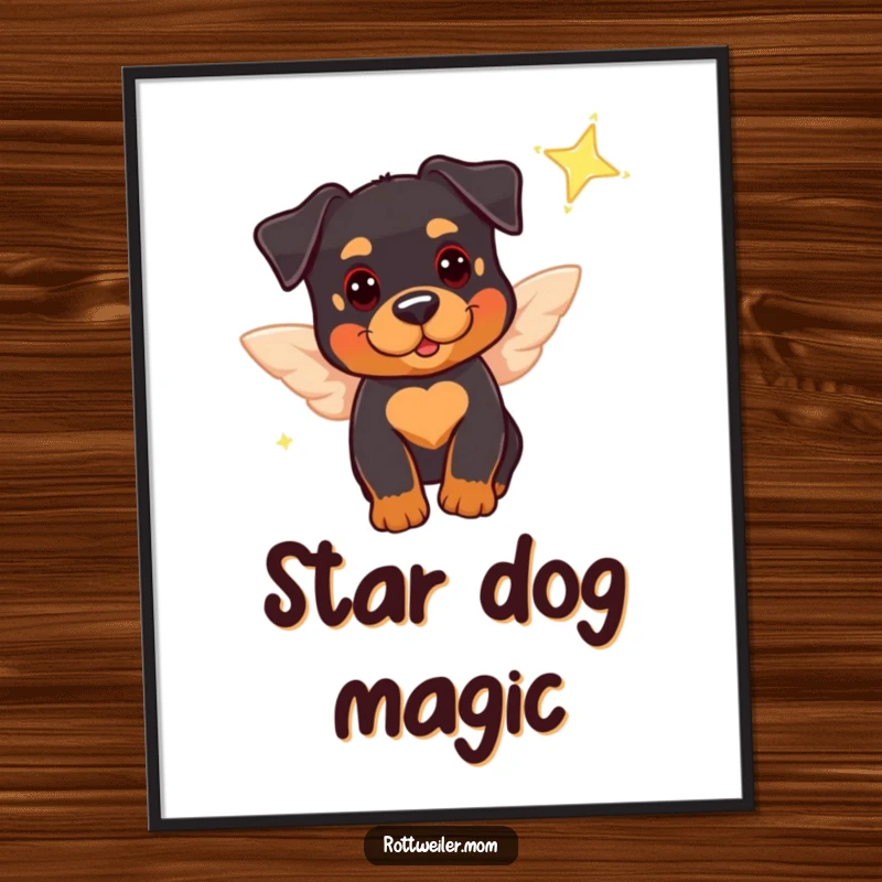 Funny digital art print of a cute Rottweiler with tiny wings, playfully near a sparkling star, offering instant whimsical and humorous decor.