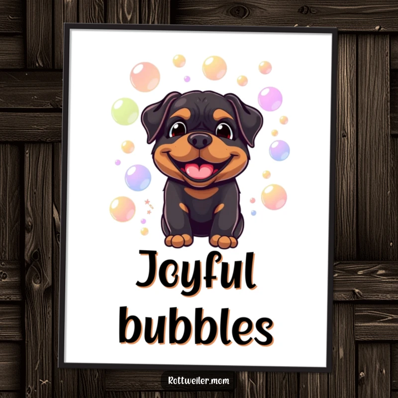 Funny digital art print of a smiling Rottweiler surrounded by floating, colorful bubbles, offering instant joyful and humorous decor.