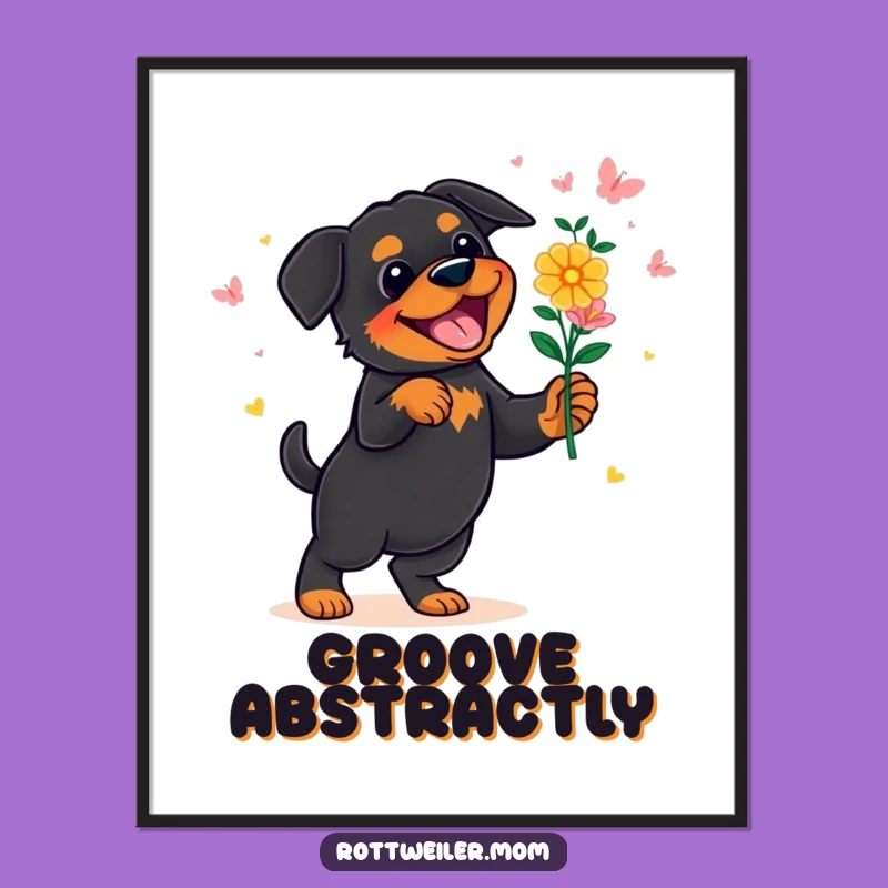 Funny Rottweiler Dancing Flowers Digital Art - Instant Humorous Decor Gift