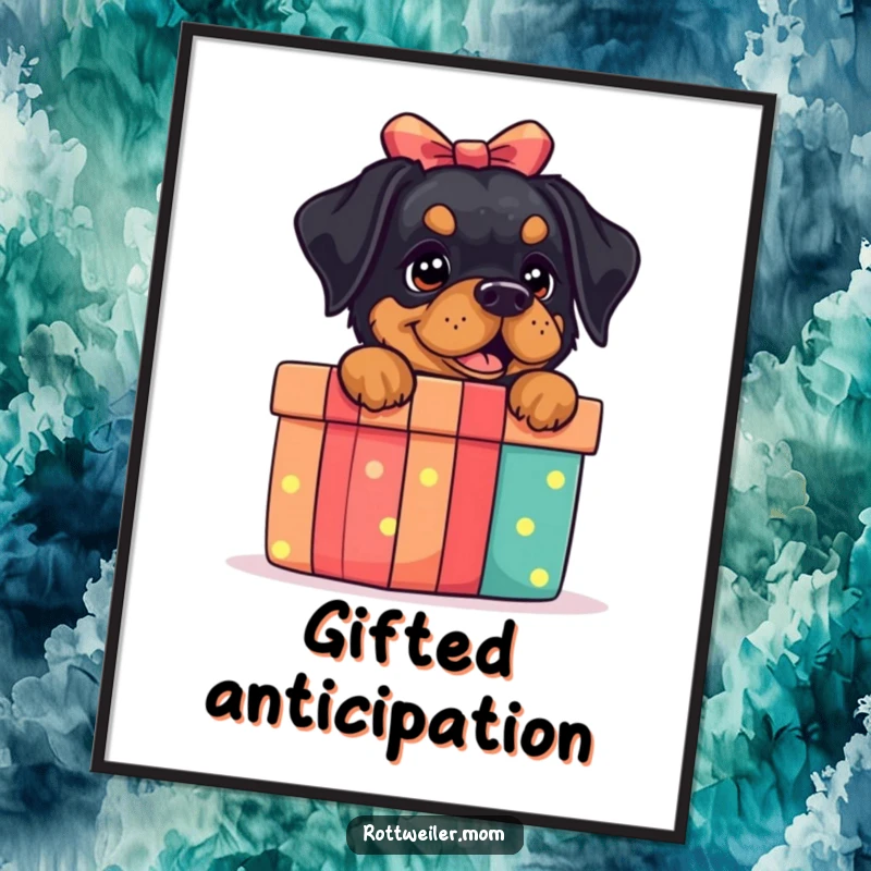 Funny Rottweiler Gift Box Digital Art: Downloadable art of an excited rottweiler behind a gift box, perfect for celebrations.
